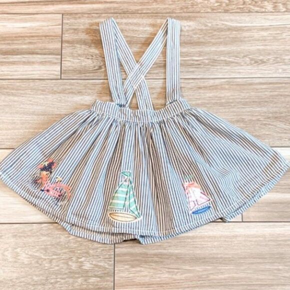 Denim Striped Vehicle Appliqué Pinafore, Size 18M - Picture 1 of 6